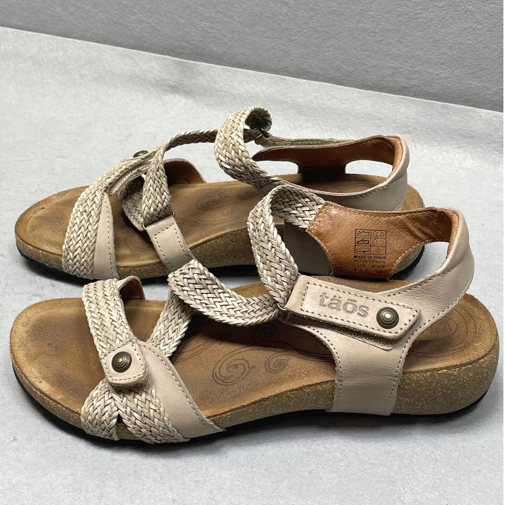 Taos Braided Leather Strappy Sandals Womens 8-8.5 Beige Comfort Cork Spain - Picture 10 of 11